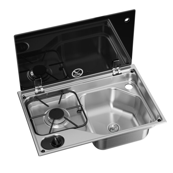 Dometic CVC 1525G RH gas hob, 1-burner, 525 x 350 mm, sink on right, glass lid, 12V