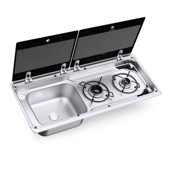 Dometic MO 9722L Gaskochfeld, 2-flammig, mit integrierter Spüle, links & Glasabdeckung schwarz-grau
